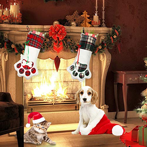 Aiduy Pet Christmas Stocking, 18" Dog Paw Christmas Stockings Hanging Plaid Cat Xmas Stockings for Christmas Decorations and Holiday Decor, 2 Pack