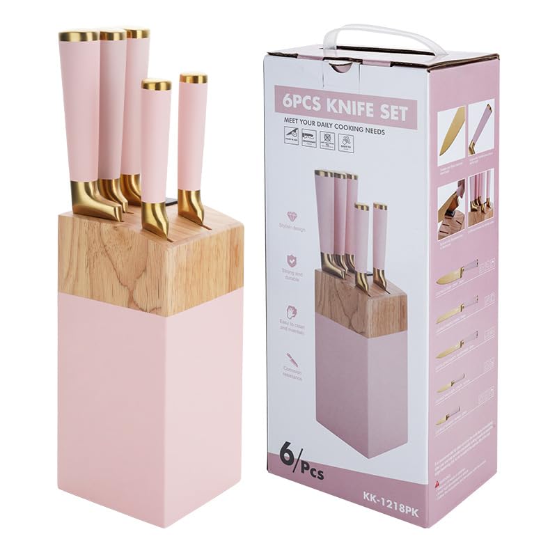 HENLUTUO Pink Titanium-Plated Knife Set 7-Piece