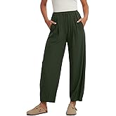 Les umes Women's Cotton Wide Leg Pants High Waist Plus Size Harem Trousers Cropped with Pockets Elastic Waist Casual Summer