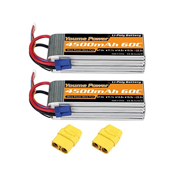 Youme 6S Lipo Batterie, 22,2 V 4500 mAh Lipo Batterie 60C mit EC5 und XT90 Stecker für X-Klasse Drohnenrennen 70MM 8MM…