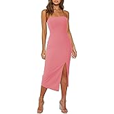LYANER Women's Sleeveless Strapless Ribbed Tube Side Slit Bodycon Party Midi Dress