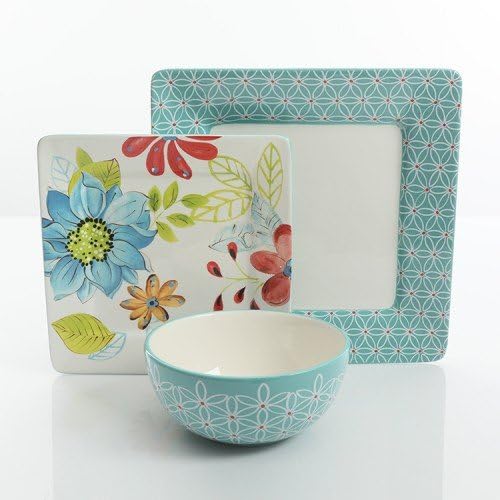 Dinnerware set by Laurie Gates Stoneware Dishes set Durastone ceramic plates set 12 piece, Turquiose