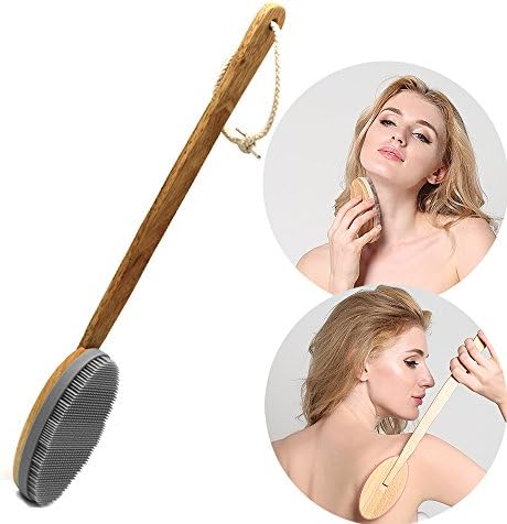 Silicone Shower & Bath Scrubber Brush with Detachable Wooden Handle for Exfoliating, Cellulite, Spa Massage, Cleansing, Circulation for Glowing Skin of Face, Back, Body, Arms and Leg (wooden-Gray)
