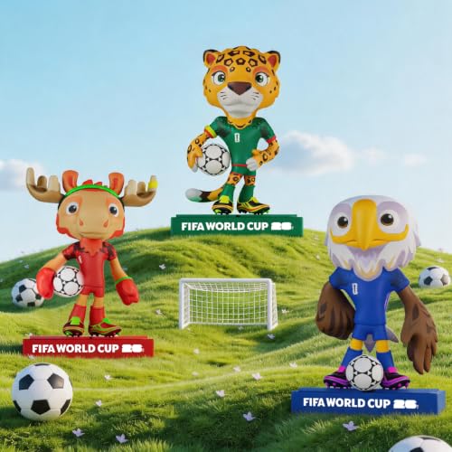 Sanyetral para la Copa Mundial de la FIFA 2026 - Set de figuritas oficiales con licencia de la mascota con caja de exhibición (Clutch, Maple y Zayu), figura modelo de mercancía oficial para