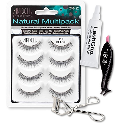 Ardell Fake Eyelashes 110 Value Pack - Natural Multipack 110 (Black), LashGrip Strip Adhesive, Dual Lash Applicator, Cameo Eyelash Curler - Everything You Need For Perfect False Eyelashes