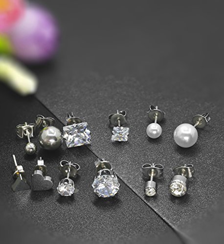 Thunaraz 12Pairs Surgical Steel Stud Earring Set Earring Ball Triangle Heart CZ Earring