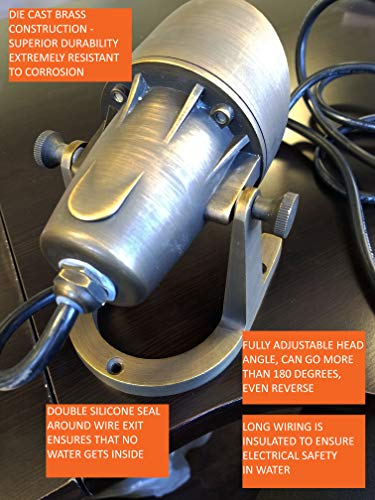 LFU Solid Brass Constructed Underwater Pond Fountain Light. Low Voltage. Fully Submersible. LED Compatible. Uses MR16 Gu5.3 Bulb (Not Included) (1, Huron)