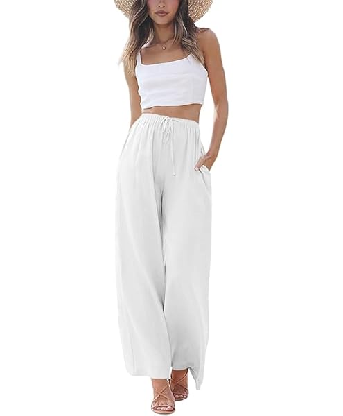 PURPEARL LINEN PANTS WOMEN SUMMER PALAZZO PANTS FLOWY WIDE LEG BEACH TROUSERS WITH POCKETS WHITE