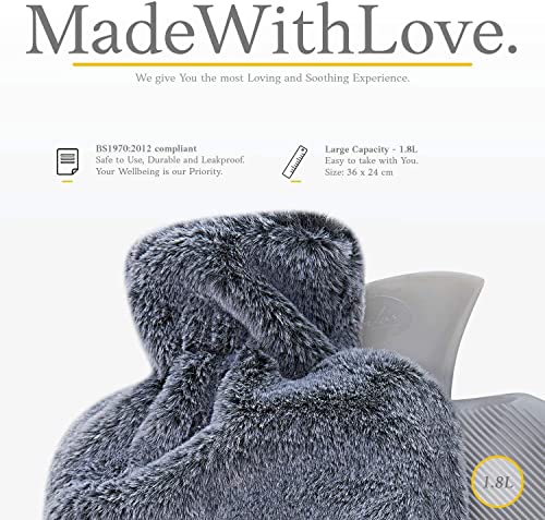 Wärmflasche mit flauschigem Bezug, 1,8L Wärmflasche aus reinem Naturkautschuk, Warmes Handwärmer für Schmerzlinderung, Bettflasche für gemütliche Nächte, Tolles Geschenk für Frauen (Dunkelgrau)