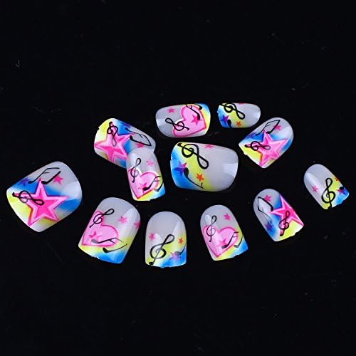 ECBASKET 24 Pcs Musical Note Pink Love Heart &amp; Star Designs French False Full Cover 3D Nail Art Tips