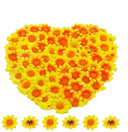 Artificial Daisy Flower Heads 100pcs Fake Gerbera Petals Yellow & Orange for DIY Garland Craft Birthday Indoor Outdoor Party Easter Bonnet