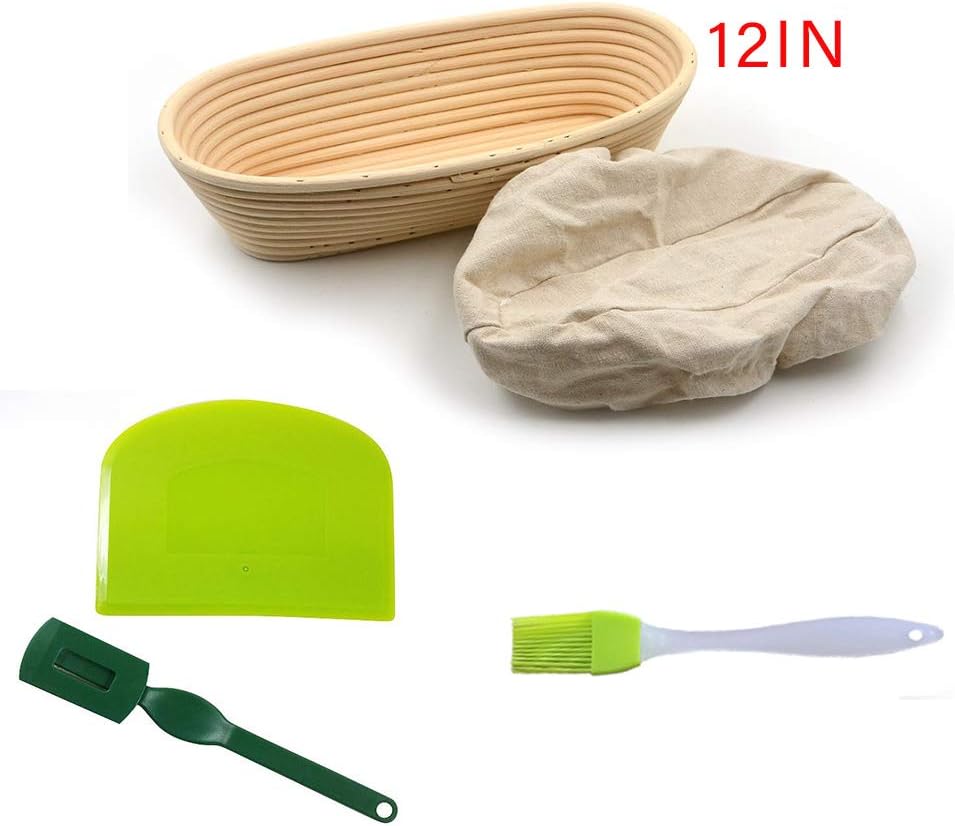 KEBEIXUAN Oval Banneton Proofing Bread Proofing Basket Baking Bowl Dough Gifts for Bakers Proving Bread Scraper+Silicone Brush+French Bread Blade Tool (12IN)