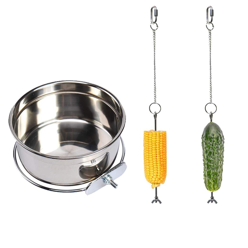 2 PCS Chicken Bird Hanging feeder and 1 PCS Feed Bowl, Bird Fruit Holder, Stainless Steel Chicken Bird Veggies Skewer Fruit Holder Food Feed Tool, Chicken Foraging Toy Animal Cage Water Food Bowl
