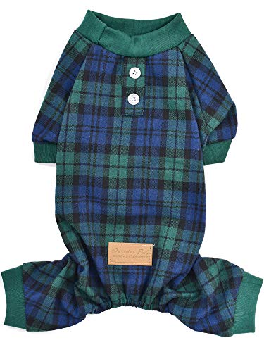 Parisian Pet Dog Pajamas - Cat/Dog Plaid Jumpsuit, Size XL - Scottish Green Checkered Shirt - Ideal Everyday Outfit for Male Dogs and Cats