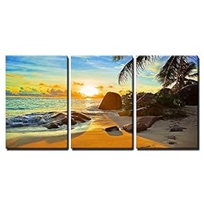 3 Piece Canvas Wall Art - Tropical Beach at Sunset - Nature Background - Modern Home Art Stretched and Framed Ready to Hang - 16"x24"x3 Panels