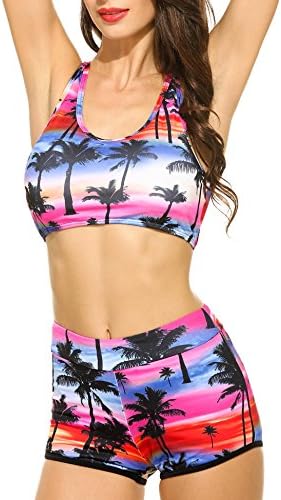 Women 2 Pieces Swimsuits Sports Padded Racer Back Beach Wear Floral Print Top and Bottom Bikini Set