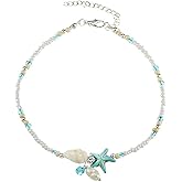 Greendou Anklets for Women Anklet White Mini Beads Blue Stone Starfish Glass Bead and Pearl Charms Chain Foot Beach Jewelry Charm Ankle Bracelets Women Jewelry