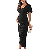 AISWI 2025 Womens Maternity Wrap Dress V Neck Ruffle Sleeves Semi Formal Baby Shower Photoshoot Party Cocktail Pregnancy