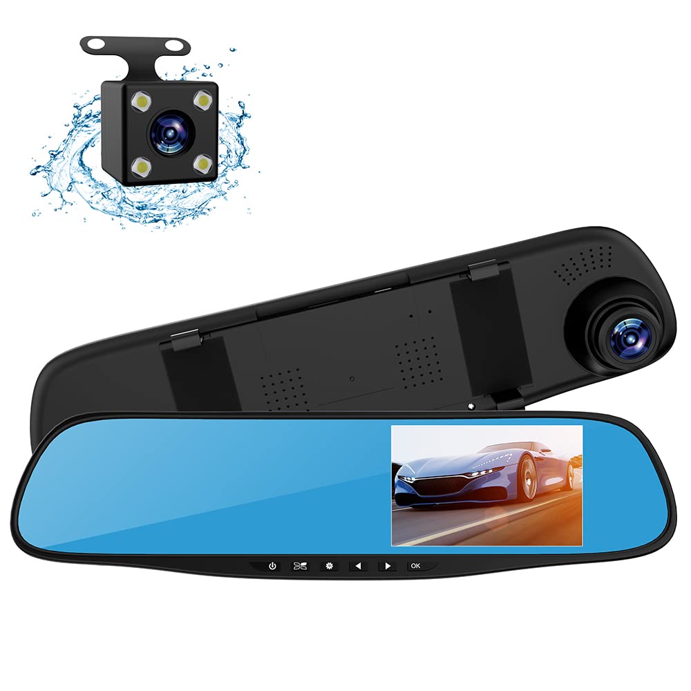 LASIEYO 4.3" 1080P Full HD Dash Cam Mirror, Car Dash Cam with 170° Wide Angle, Night Vision, G-Sensor, Parking Monitor, Loop Recording, Motion Detection