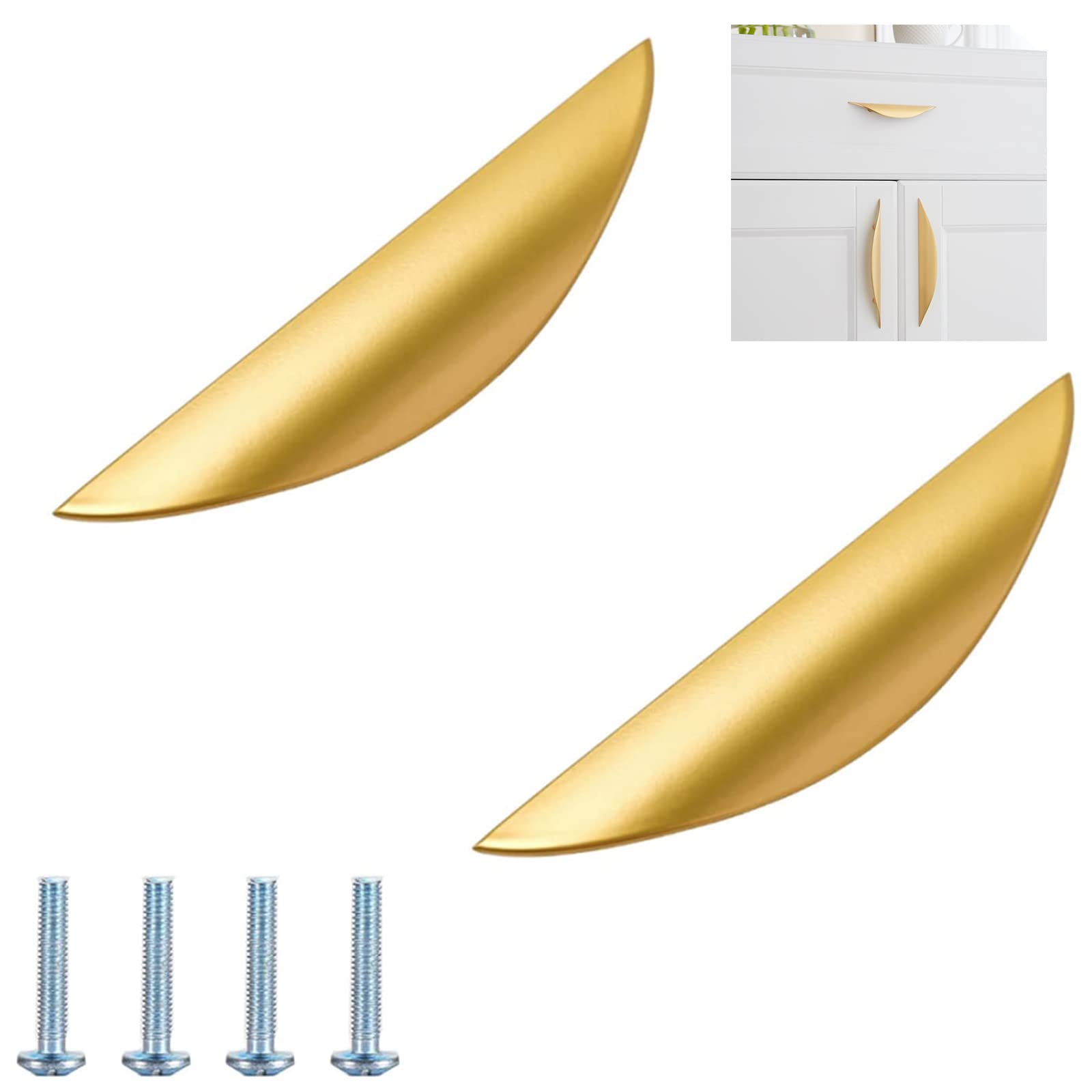UFURMATE Modern Gold Zinc Alloy Finger Edge Pull, 2Pcs 147mm/5.79 inch Ambidextrous Cabinet Handle with Screws for Kitchen, Living Room, Wardrobe, Bathroom & Dining Area