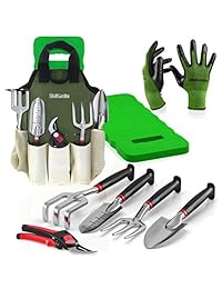 Juego de 8 herramientas de jardinería Comfort Plus Incluye podadoras de corte EZ, herramientas de aluminio ligero con asas de goma suave y guantes de bambú y bolso de jardín ergonómico y rodilleras de alta densidad