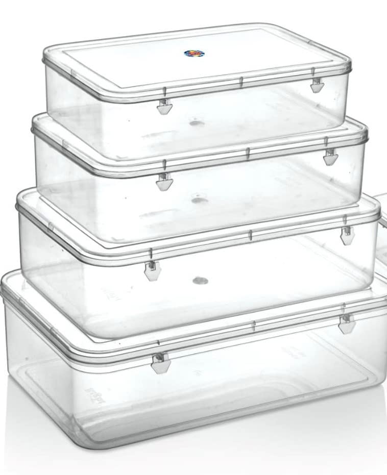 Eza Multipurpose Plastic Storage Boxes- Combo Pack of 5 rectangular plastic boxes with lock system for organizing Stationery Ornaments Accessories and much more (Transparent) (5)
