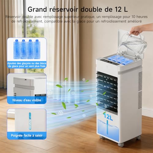 Climatiseur Mobile, Rafraichisseur d'air avec Réservoir de 12L, 8 Cristaux de Glace, 3 Modes, 12 Vitesses, Oscillation, Minuterie, Télécommand,Ventilateur Rafraîchissant pour Maison, Bureau