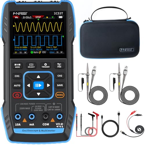 FNIRSI 2C53T Osciloscopio de mano mejorado, ancho de banda de 50 MHz, multímetro osciloscopio digital 3-en-1, generador DDS, frecuencia de muestreo de 250 MS/s, 19999 cuentas, voltaje, corriente