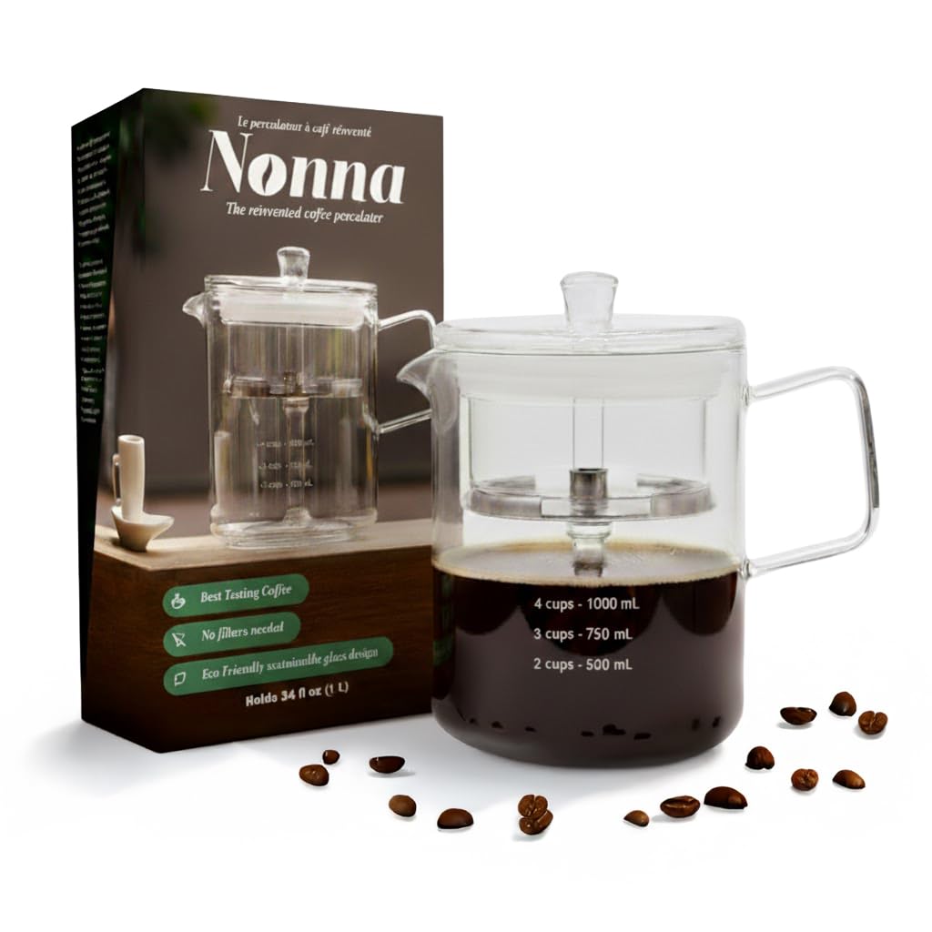 Photo 1 of NONNA 2.0 Glass Coffee Percolator - Borosilicate Glass & Stainless Steel Retro Percolator | Eco Friendly Coffee Gift | BPA Free | Stovetop Glass Coffee Percolator (1 Unit)