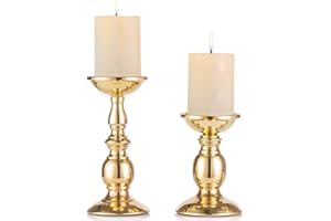 NUPTIO 2 Pcs Gold Pillar Candle Holders, Gold Candlestick Most Ideal for 3" Pillar Candles, Gifts for Wedding, Party, Home, Spa, Reiki, Votive Candle (S + L)