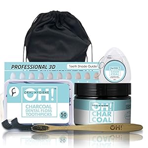 OH! Oral Hygiene | Organic Activated Coconut Charcoal Toothpaste Teeth Whitening Powder Kit | Includes Toothbrush, Two Floss Options, Travel Bag & Shade Guide | 100% Natural, Organic, Vegan, NON-GMO