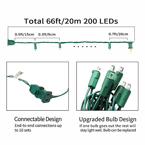 XTF2015 Led Christmas Lights, Upgraded EndtoEnd Plug 66ft 200 LEDs
