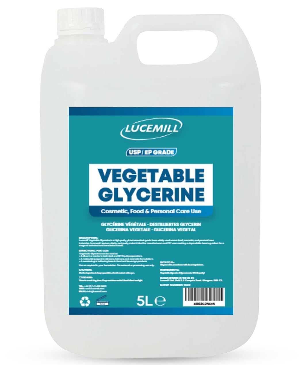 Lucemill Vegetable Glycerin (VG) I 5 Litre I 99.5% High Purity Glycerine for Skin, Hair, Food Grade, Baking & Cleaning I Organic, Non-GMO I BP/EP Pharmaceutical Grade Glycerine