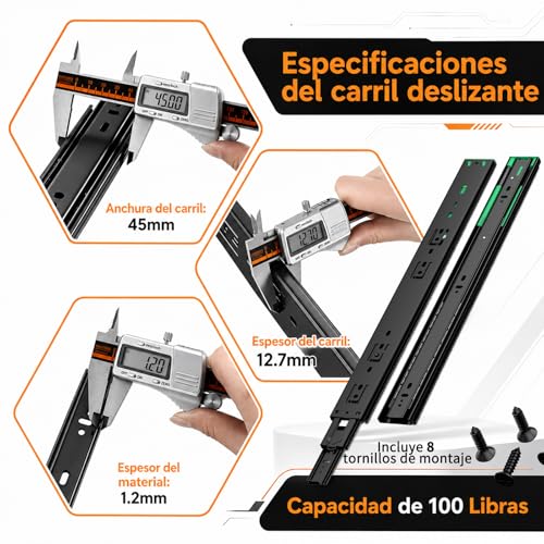 HOGESA Rieles para Cajones, 50CM/20" Rieles Para Cajones Cierre Suave, 3 Secciones de Extensión Completa con Rodamiento de Bolas, Soporte Lateral Telescópico para Armario, Capacidad de 100 Libras