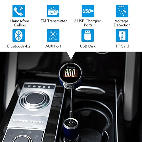 Fnova Wireless In-car Bluetooth FM Transmitter, Radio Adapter Car Kit W Dual USB Car Charger for iPhone Smartphone,MP3 Audio Player Supports TF Card Aux Input,Hands Free Calling