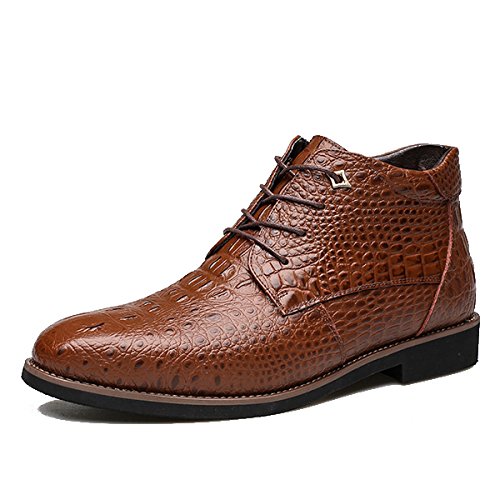 DANCEINGNAIL Mesh Dress Crocodile Pattern Pointed Toe Leather Short Boots For Men brown US 11