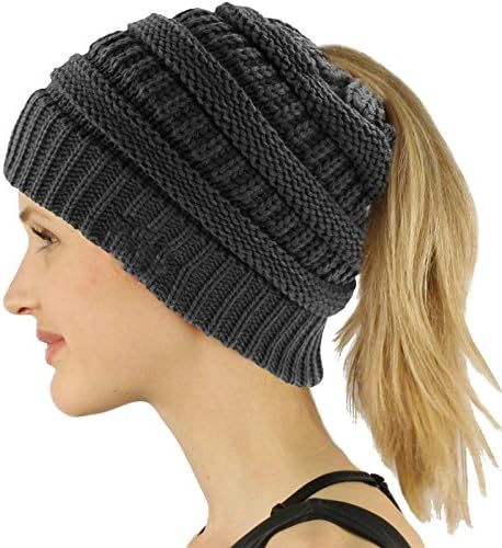 COCO LEE Chic Dark Gray Knit Hat Cable Beanie Stretch Chunky Winter Bun Ponytail Beanie Tail Womens Ponytail Messy Bun Beanie Solid Ribbed Hat Cap for Women Girls