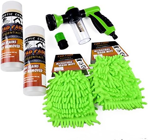 Car Wash Pressure Spray Nozzle: 8 Patterns with Reservoir Tank - 6 Piece Bundle | Includes Bonus Quick Connect Garden Hose Adapter, 2 Microfiber Wash Mitts, 2 Synthetic Chamois by Car Care Essentials