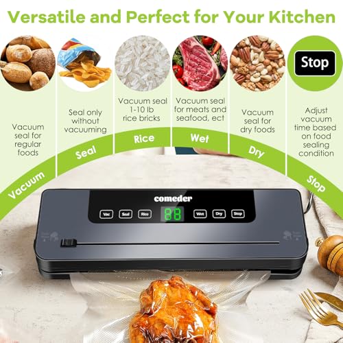 comeder 6 in 1 Vacuum Sealer Machine, 30cm Longer Seal Food Sealer with 50Pcs Vacuum Sealer Bags for Vac/Seal/Rice/Wet/Dry Mode, Built-in Cutter and Visible LED Digital Countdown Display, UK Plug