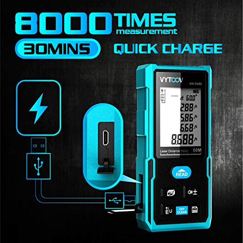 Rechargeable Laser Meter,VYTOOV Laser Tape Measure Electronic Angle Sensor Data Storage with Target Plate&Enhancing Glasses with Pythagorean Mode, Measure Distance, Area, Volume Calculation(164FT/50M) - Thumbnail 3