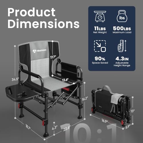 HIKEMOON Folding Camping Director Chairs, Oversized Heavy Duty Portable Chair with Adjustable Height, Side Table & Storage Pocket, Compact Fold for Outdoor, Camp, Beach, Fishing, Lawn, Travel