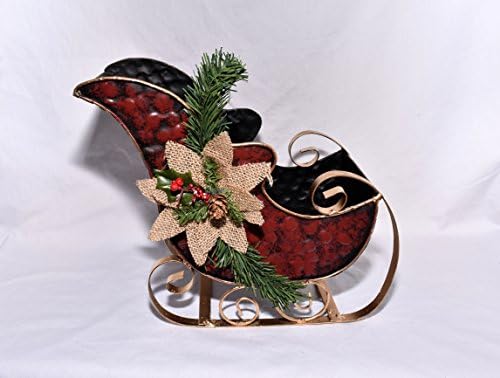 Santa Sleigh New 12" Red & Gold Hammered Metal Vintage Look Candy Holder, Potpourri, Ornament Holder Decorative Holiday Statue Table Top Figure
