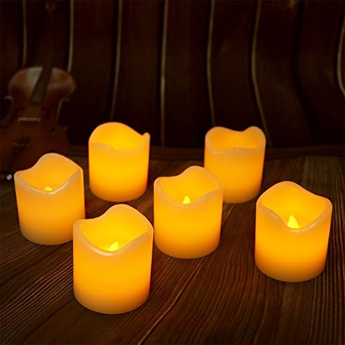 【Real Wax 6H Timer】Flickering Real Wax Flameless Tealights Candles Battery Operated Votive Candles Tea Lights 6 Pack Amber Yellow Flame(Dia. 2"x2" Height)