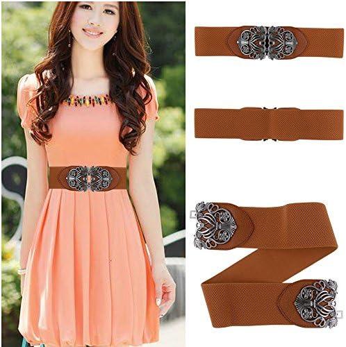 Locry Women Vintage Elastic Wide Waistband Belt with Buckle (Brown)