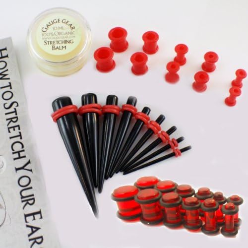 Gauge Gear Ultimate Starter Kit- 40 Pieces~Black Ear Expander Kit ~ Red Plugs~ Red Silicone Tunnels~ Balm~ 1.6mm-10mm