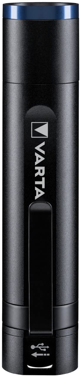 Varta Night Cutter F20R-Rechargeable Premium Torch, Includes Micro USB Charging Cable, 4 Modes, 400 Light Intensity, aluminium, Black, F20R-400 lumens