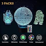 3D LED Star Wars Night Light - Kids' Gifts, 3 Styles, Millennium Falcon/Death Star / R2D2, 7 Light Modes, USB or 3 AA Batteries