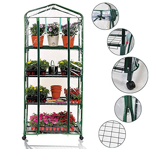 Portable 4-Tier Shelves Mini Greenhouse w/ Removable Wheels Warm Commercial PVC Cover Indoor Outdoor Clear Greenhouse Plant Flower Grow Tent Double Zipper Roll Up Front 27 in. L x 19 in. W x 63 in. H