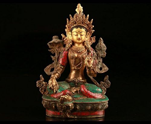 Brass Buddha Statue 21 cm High Large Nepal Bronze Sculpture , Handmade Inlaid Turquoise Green Tara Bronze Buddha Statue , As Home Furniture Decoration or Buddha Decor Gift SMABBS089