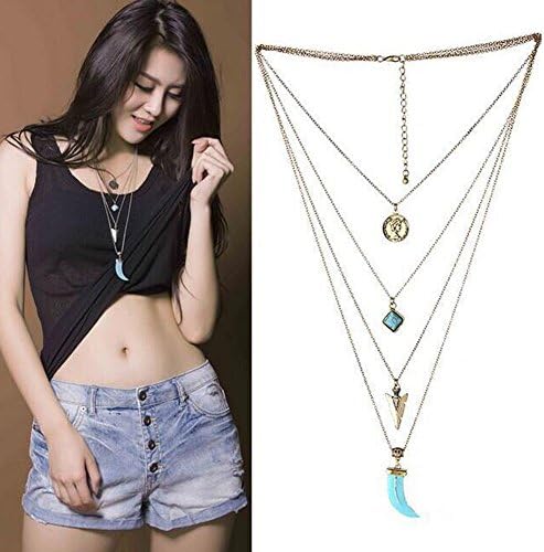 Boho Tibetan Silver Turquoise Pendant Necklace Chain Bib Collar Multilayer Gypsy